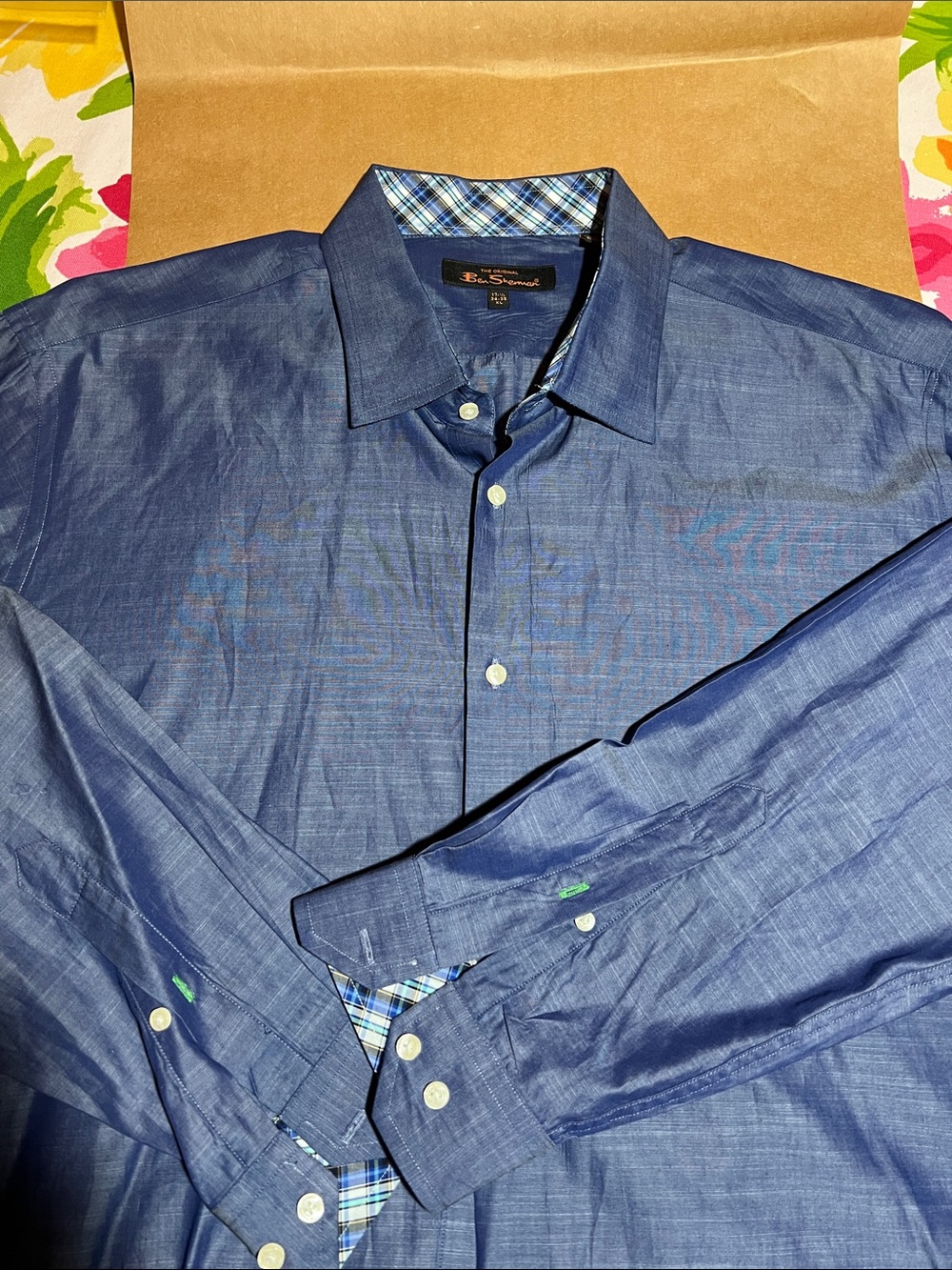 Ben Sherman Blue Dress Shirt with Plaid Trim